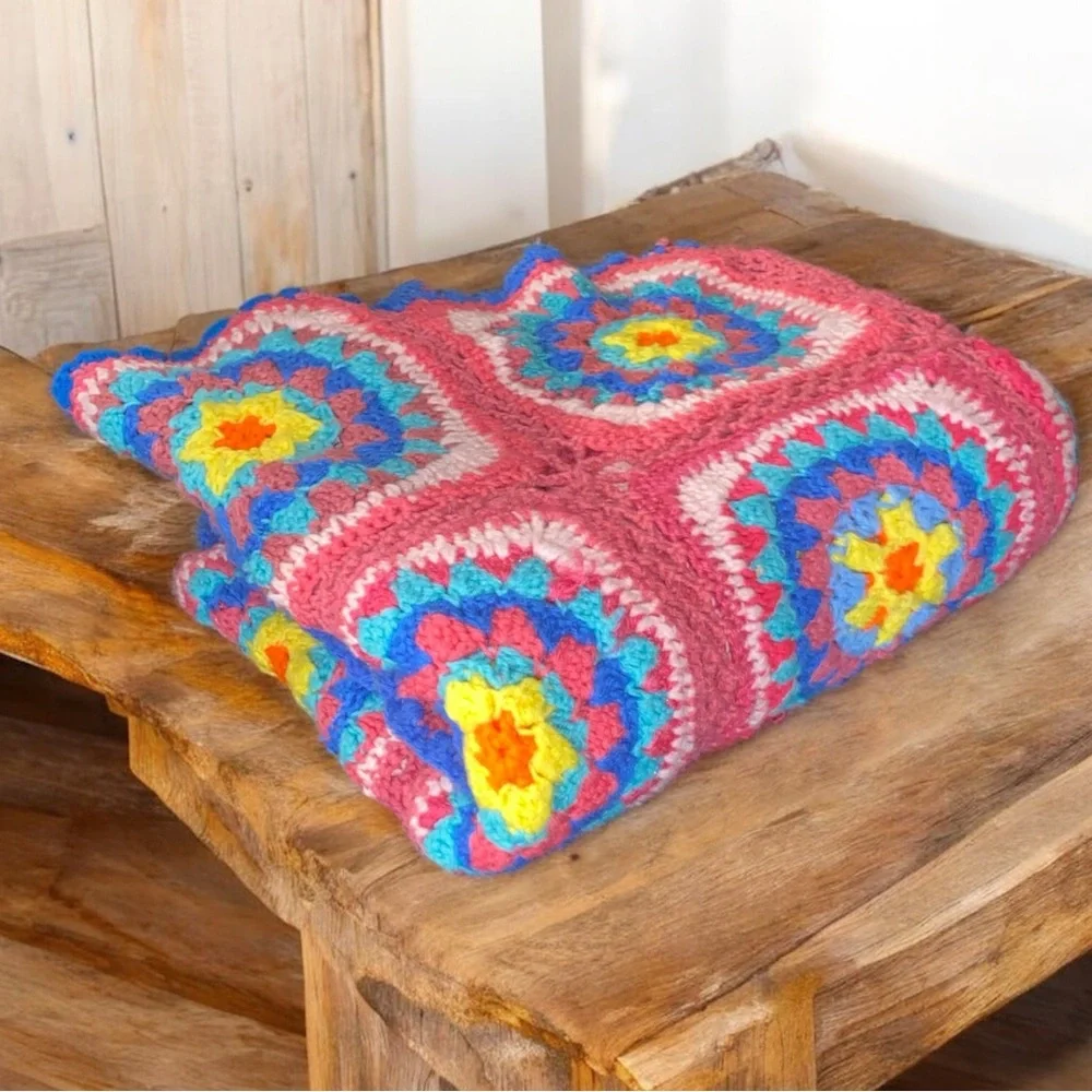 Truly VINTAGE crochet throw blanket colorful pink blue yellow 53 x 64